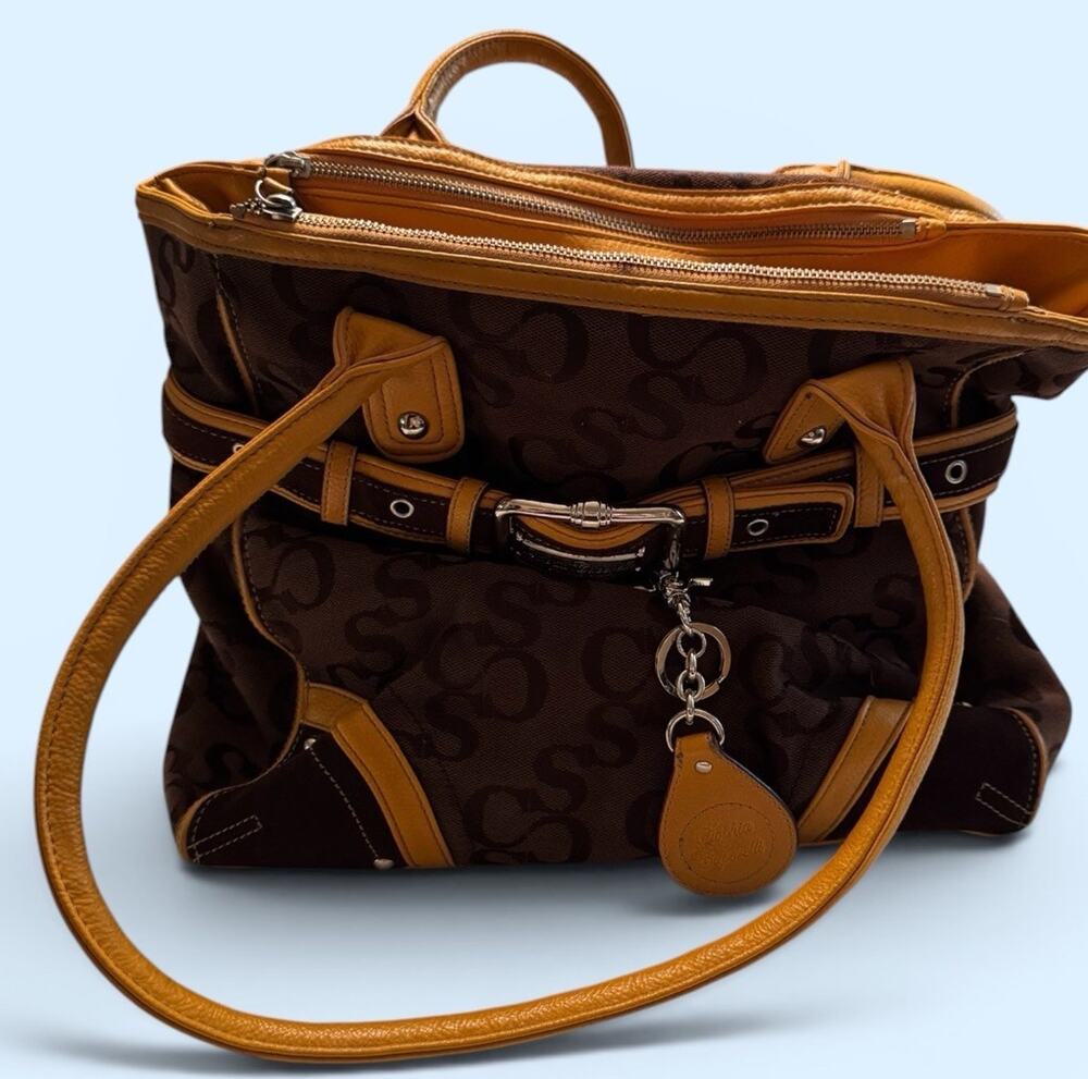 Sophia Caperelli Logo Shoulder Bag Brown Yellow Buckle Accent Designer